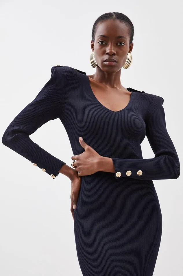 Dresses Women Karen Millen Viscose Blend Rib Knit Military Power Shoulder Midaxi Dress Navy