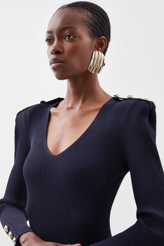 Dresses Women Karen Millen Viscose Blend Rib Knit Military Power Shoulder Midaxi Dress Navy
