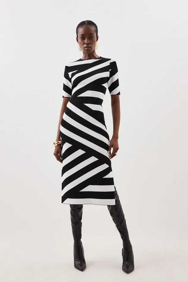 Dresses Women Karen Millen Viscose Blend Rib Striped Knit Midaxi Dress Mono