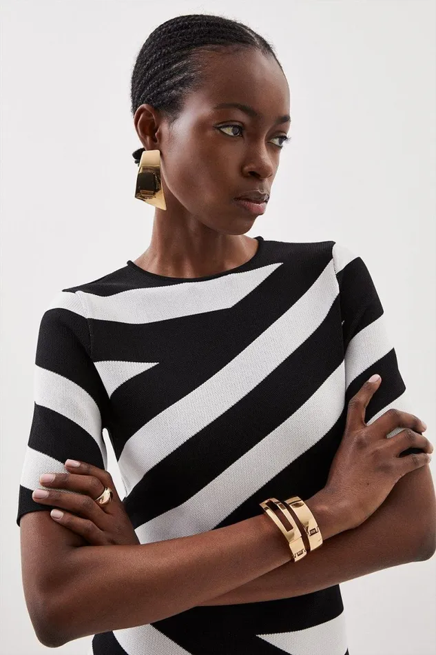 Dresses Women Karen Millen Viscose Blend Rib Striped Knit Midaxi Dress Mono