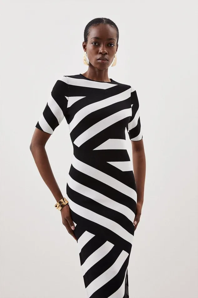 Dresses Women Karen Millen Viscose Blend Rib Striped Knit Midaxi Dress Mono