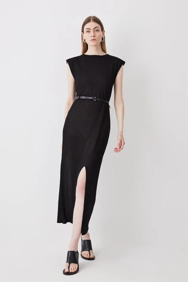 Dresses Women Karen Millen Viscose Blend Slash Neck Lightweight Summer Knit Midi Dress Black