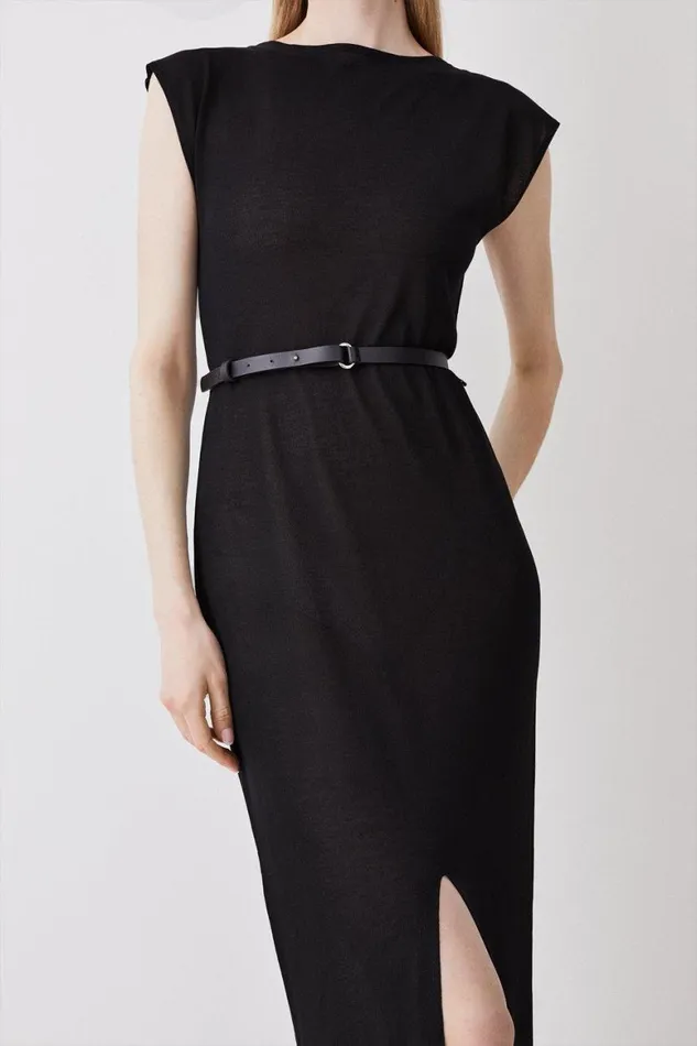 Dresses Women Karen Millen Viscose Blend Slash Neck Lightweight Summer Knit Midi Dress Black