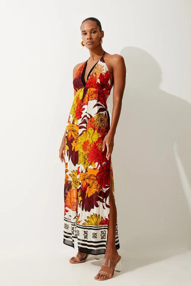 Dresses Women Karen Millen Viscose Georgette Border Print Halterneck Maxi Beach Dress Orange