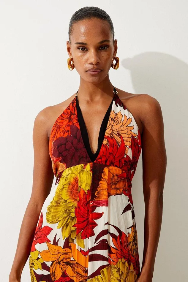Dresses Women Karen Millen Viscose Georgette Border Print Halterneck Maxi Beach Dress Orange