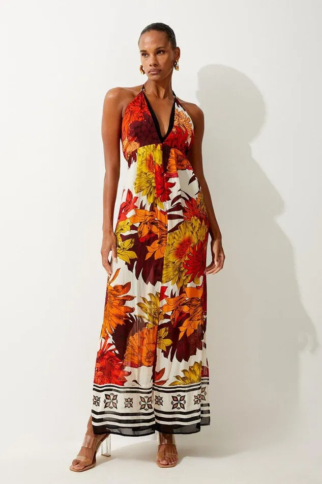 Dresses Women Karen Millen Viscose Georgette Border Print Halterneck Maxi Beach Dress Orange