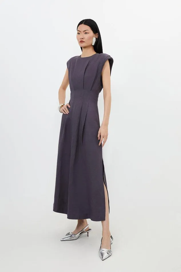 Dresses Women Karen Millen Viscose Linen Woven Pintuck Midi Dress Grey