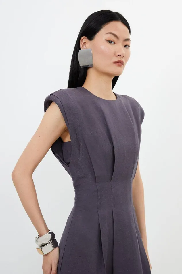 Dresses Women Karen Millen Viscose Linen Woven Pintuck Midi Dress Grey
