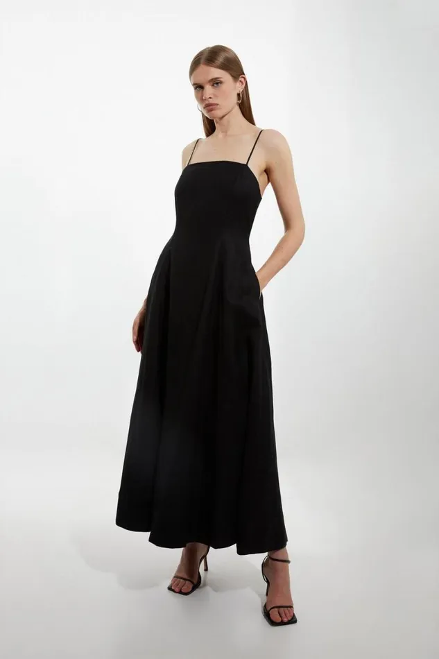 Dresses Women Karen Millen Viscose Linen Woven Strappy Maxi Dress Black