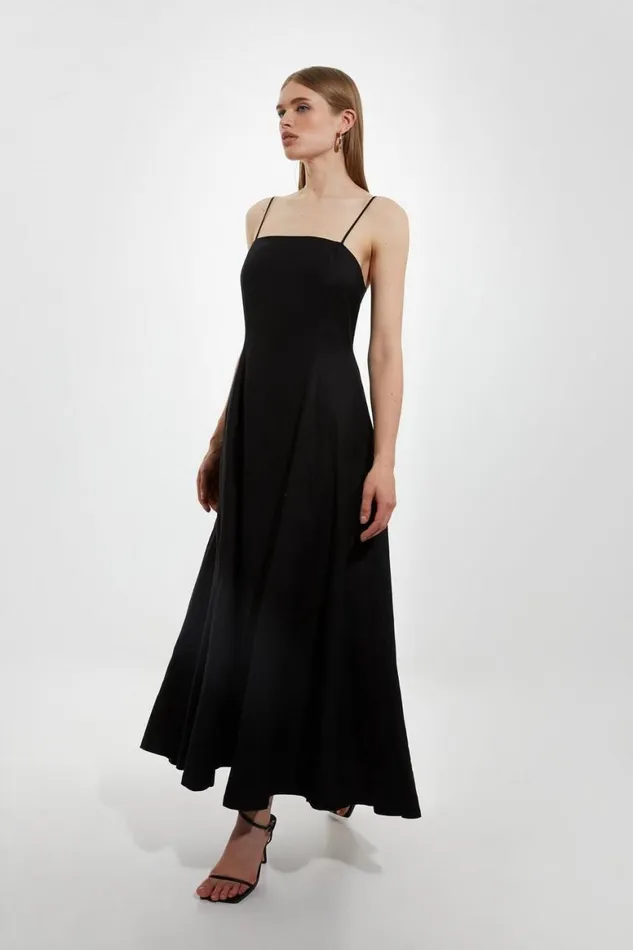 Dresses Women Karen Millen Viscose Linen Woven Strappy Maxi Dress Black