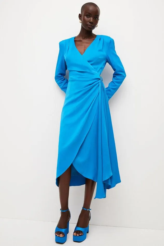 Dresses Women Karen Millen Viscose Satin Back Crepe Drape Tailored Midi Dress Blue