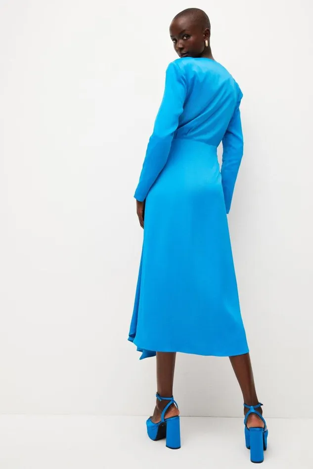 Dresses Women Karen Millen Viscose Satin Back Crepe Drape Tailored Midi Dress Blue
