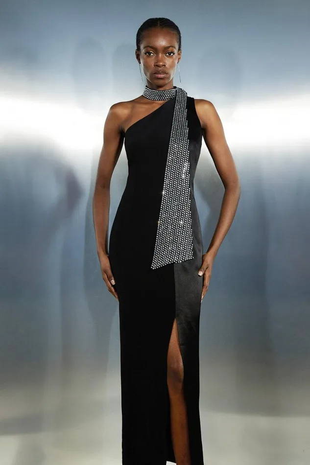 Dresses Women Karen Millen Viscose Satin Back Crepe Embellished Tie Detail Midi Dress Black
