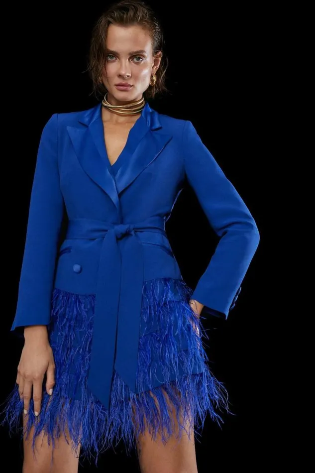 Dresses Women Karen Millen Viscose Satin Crepe Feather Hem Tailored Double Breasted Tux Mini Dress Cobalt