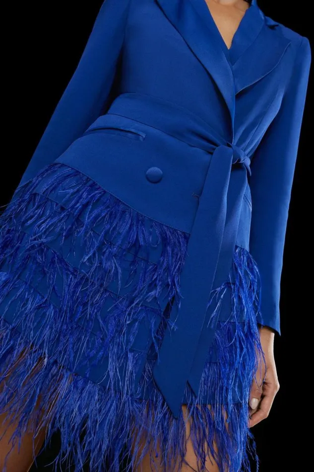 Dresses Women Karen Millen Viscose Satin Crepe Feather Hem Tailored Double Breasted Tux Mini Dress Cobalt