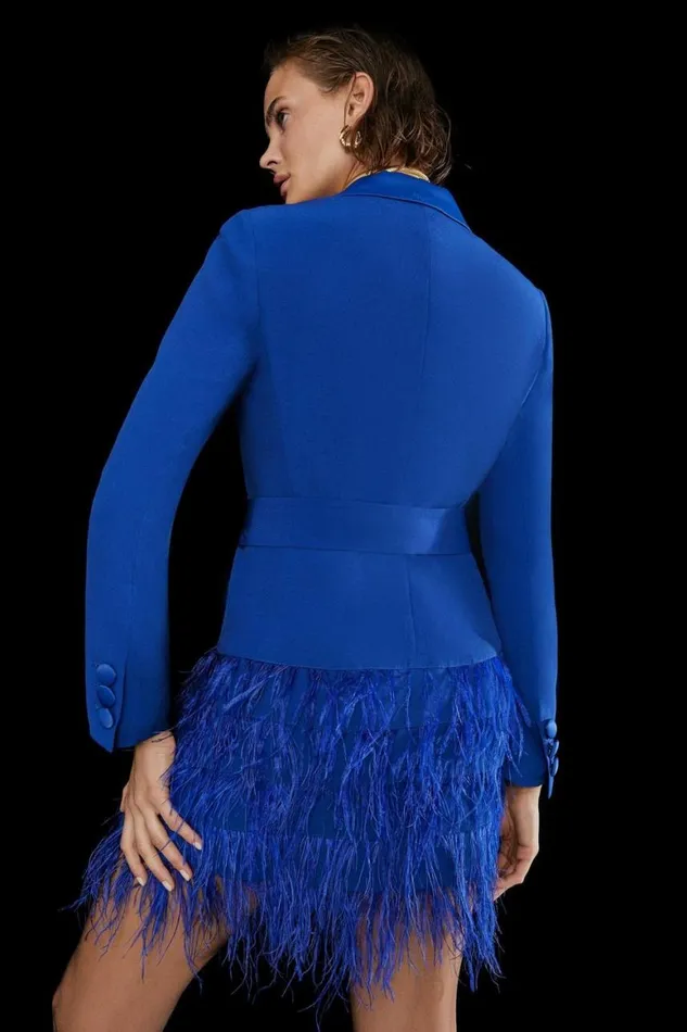 Dresses Women Karen Millen Viscose Satin Crepe Feather Hem Tailored Double Breasted Tux Mini Dress Cobalt