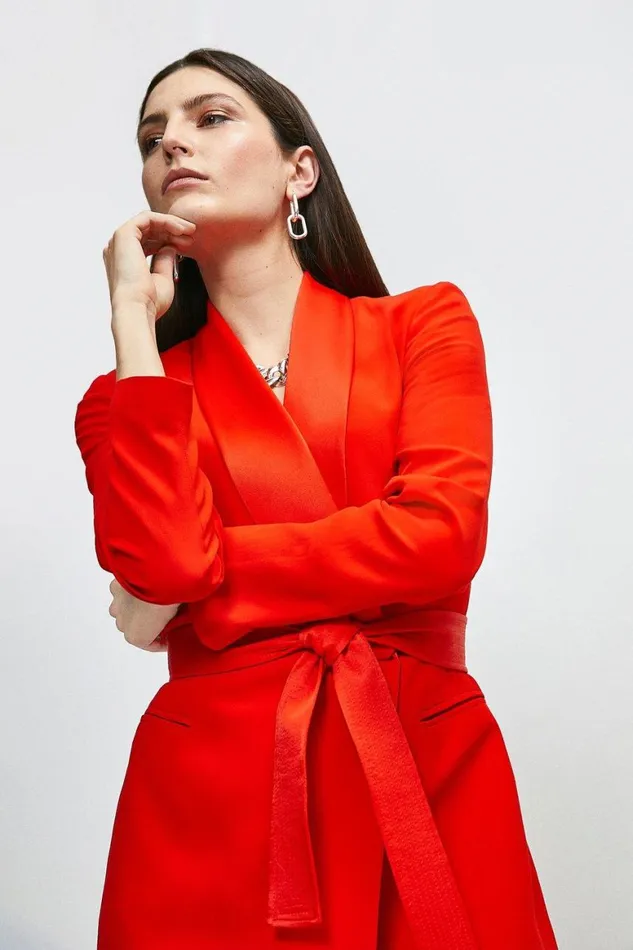 Dresses Women Karen Millen Viscose Satin Tailored Tuxedo Wrap Mini Dress Red