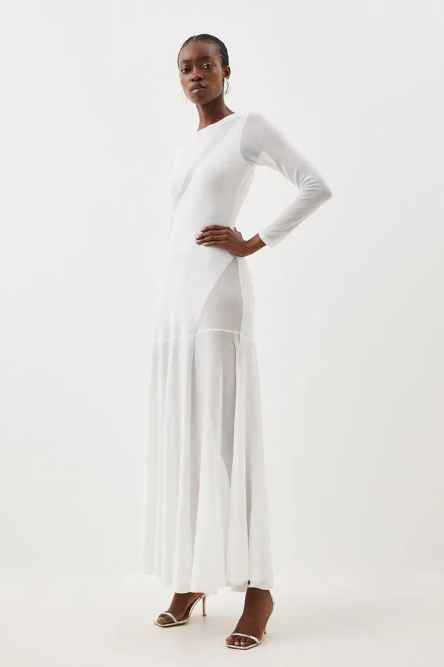Dresses Women Karen Millen Viscose Sheer Knit Panelled Maxi Dress Ivory
