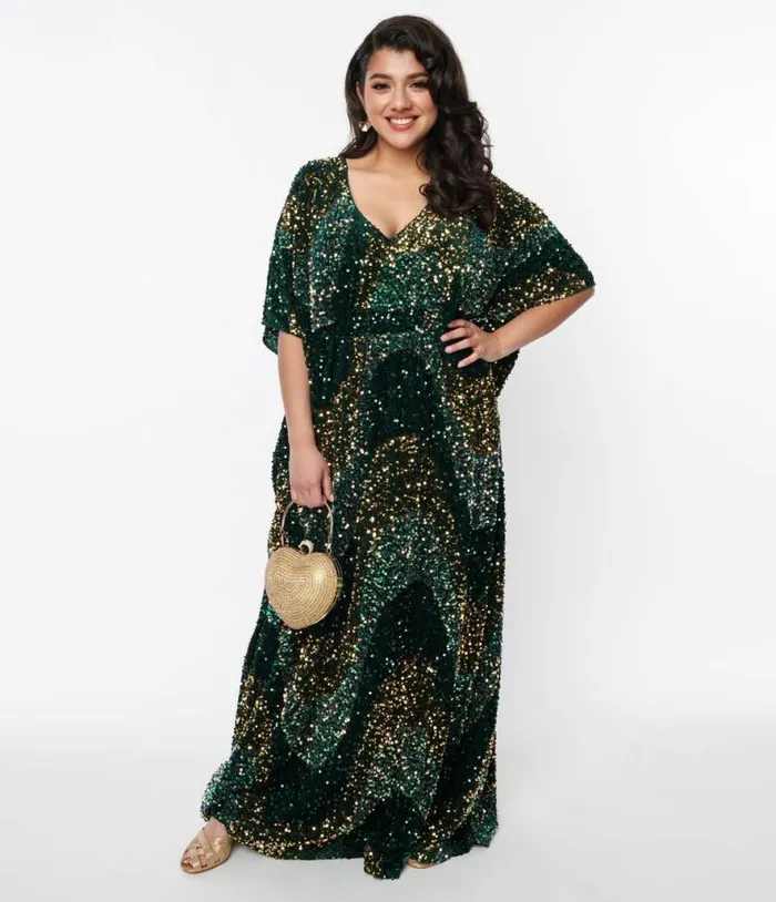 Emerald and Gold Sequin Burton Caftan Dress DressesPlus Unique Vintage Midi and Maxi
