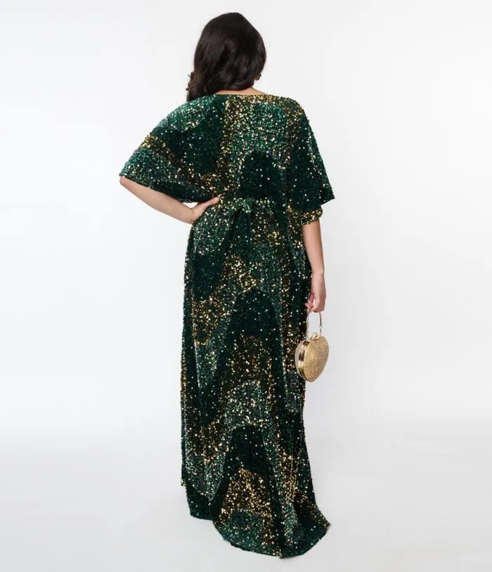 Emerald and Gold Sequin Burton Caftan Dress DressesPlus Unique Vintage Midi and Maxi