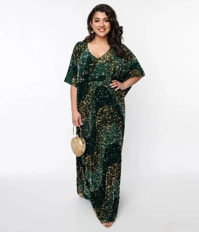 Emerald and Gold Sequin Burton Caftan Dress DressesPlus Unique Vintage Midi and Maxi