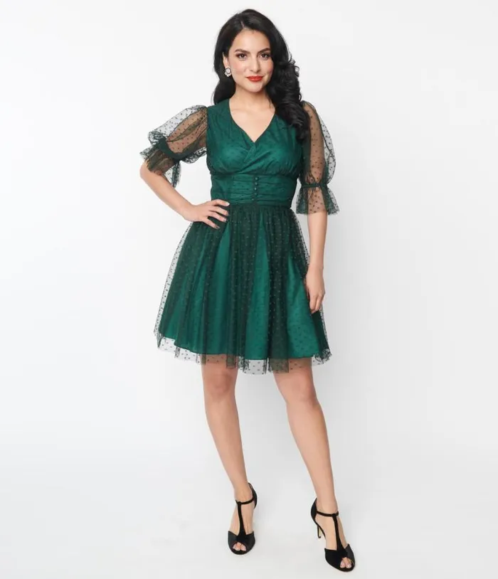 Emerald Clip Dot Shirred Babydoll Dress DressesPlus Unique Vintage Babydoll