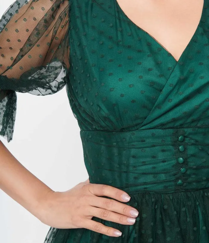 Emerald Clip Dot Shirred Babydoll Dress DressesPlus Unique Vintage Babydoll
