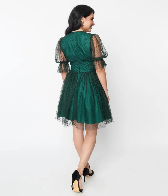 Emerald Clip Dot Shirred Babydoll Dress DressesPlus Unique Vintage Babydoll
