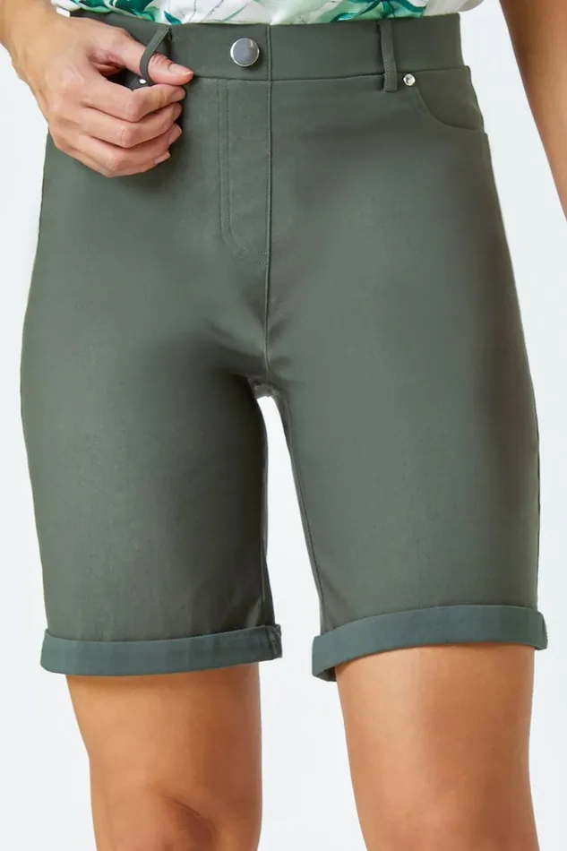Forest Elastic Waist Turn Up Stretch Shorts Women Roman Trousers