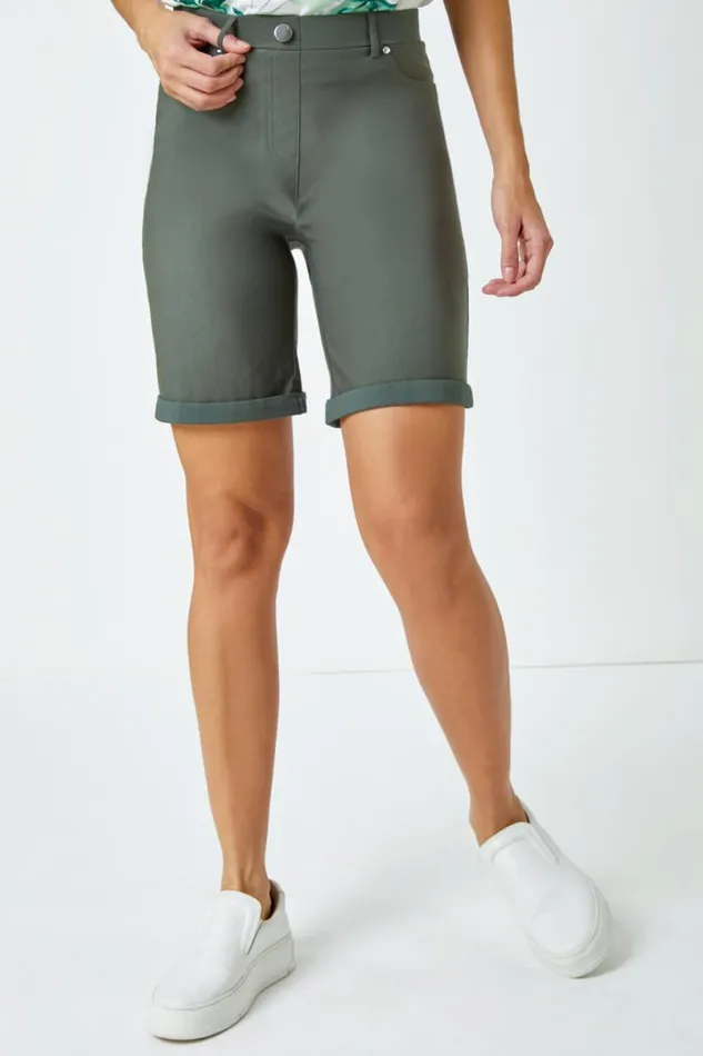 Forest Elastic Waist Turn Up Stretch Shorts Women Roman Trousers