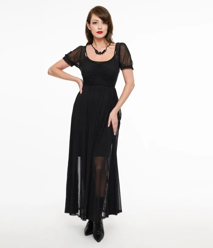 Foxblood Black Sheer Mesh Lily Maxi Dress DressesPlus Unique Vintage Midi and Maxi
