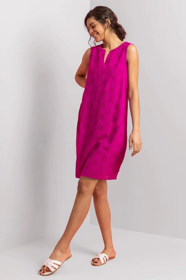 Fuchsia Broderie Detail Sleeveless Shift Dress Women Roman Dresses
