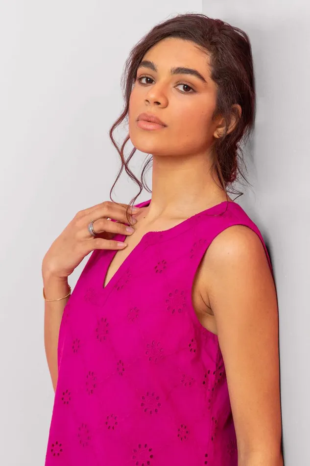 Fuchsia Broderie Detail Sleeveless Shift Dress Women Roman Dresses