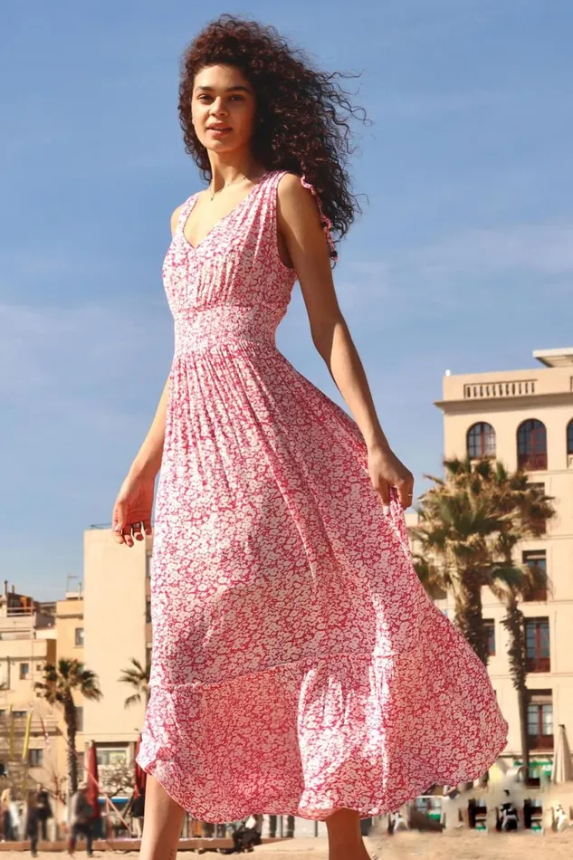 Fuchsia Ditsy Floral Shirred Waist Maxi Dress Women Roman Dresses