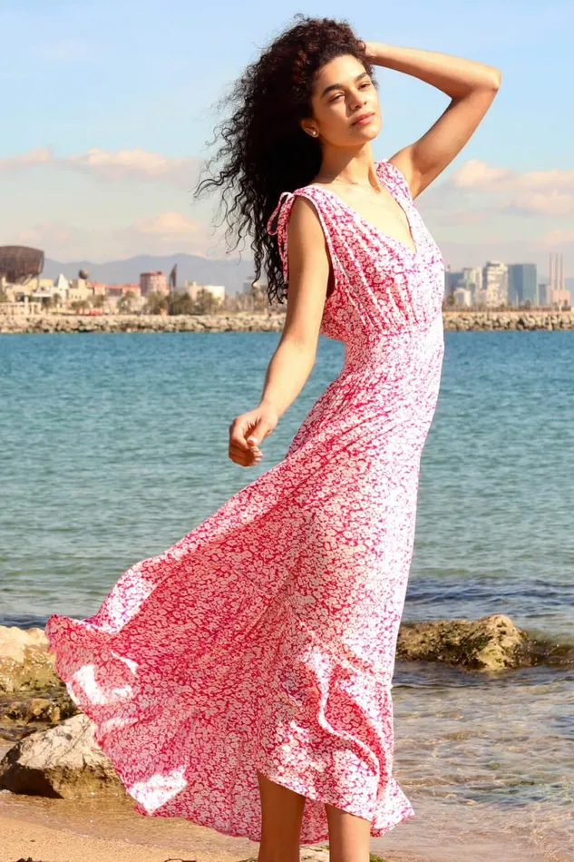 Fuchsia Ditsy Floral Shirred Waist Maxi Dress Women Roman Dresses