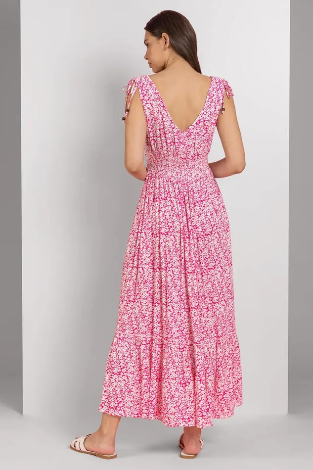 Fuchsia Ditsy Floral Shirred Waist Maxi Dress Women Roman Dresses