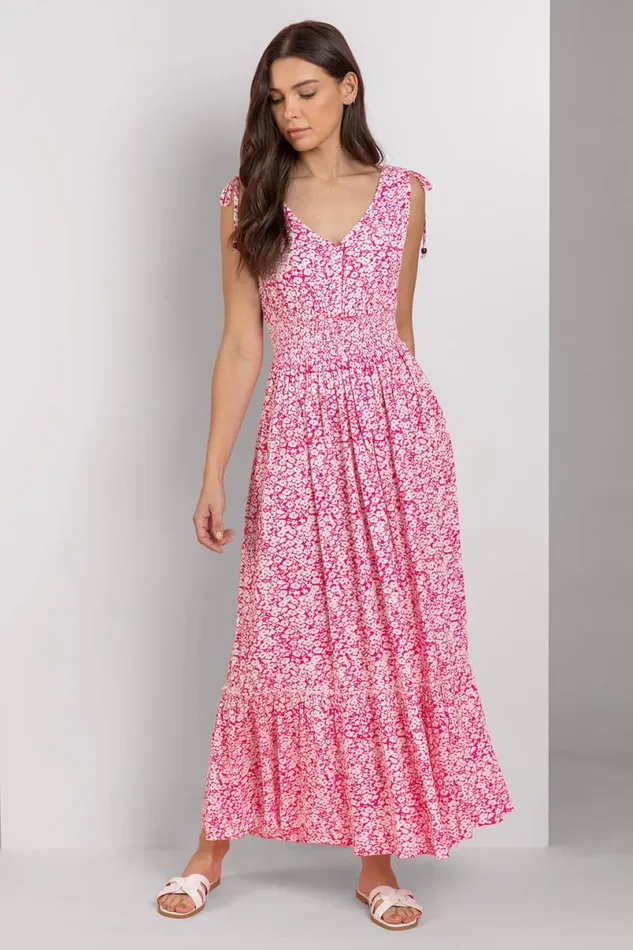 Fuchsia Ditsy Floral Shirred Waist Maxi Dress Women Roman Dresses