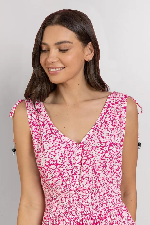 Fuchsia Ditsy Floral Shirred Waist Maxi Dress Women Roman Dresses