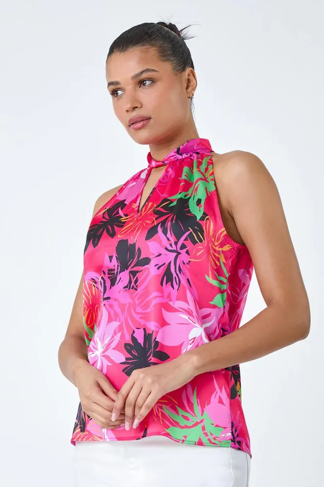 Fuchsia Floral High Neck Keyhole Detail Top Women Roman Tops