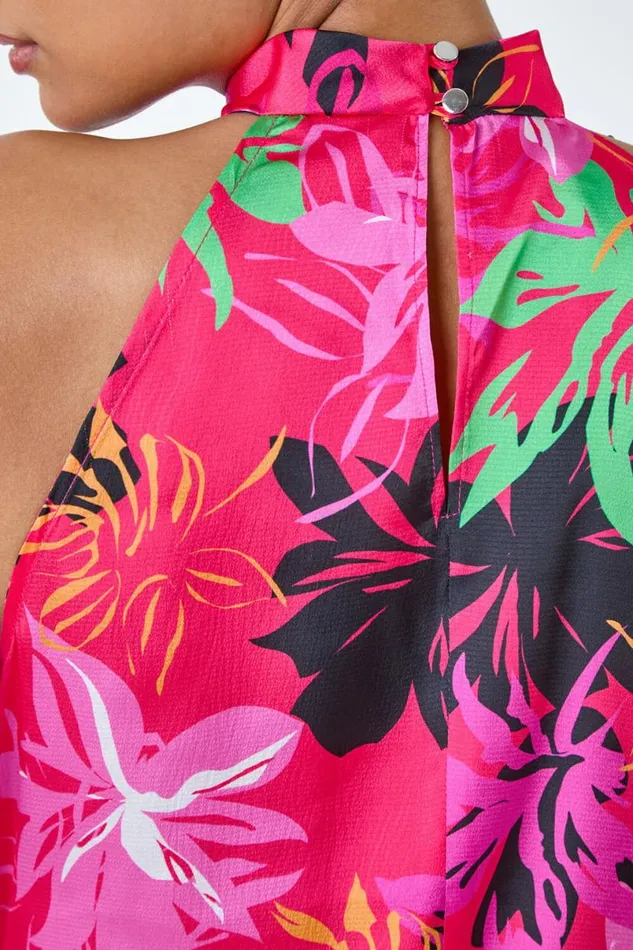 Fuchsia Floral High Neck Keyhole Detail Top Women Roman Tops