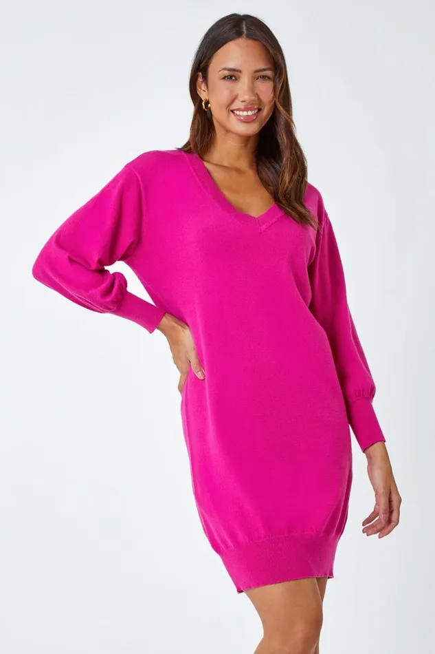 Fuchsia Knitted Jumper Dress Women Roman Dresses