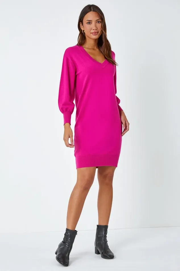 Fuchsia Knitted Jumper Dress Women Roman Dresses