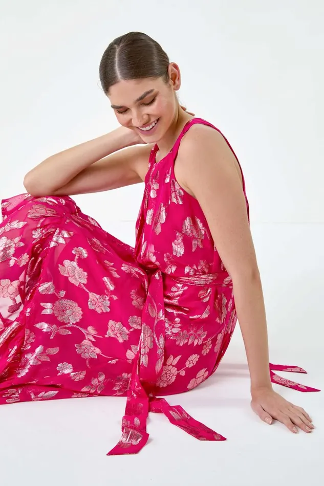 Fuchsia Metallic Floral Halter Neck Midi Dress Women Roman Dresses