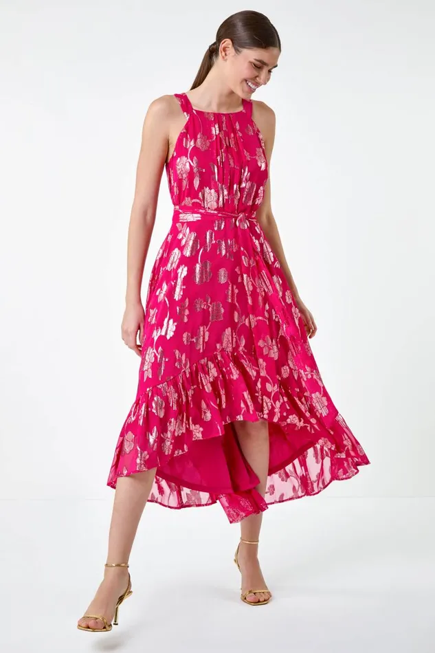 Fuchsia Metallic Floral Halter Neck Midi Dress Women Roman Dresses