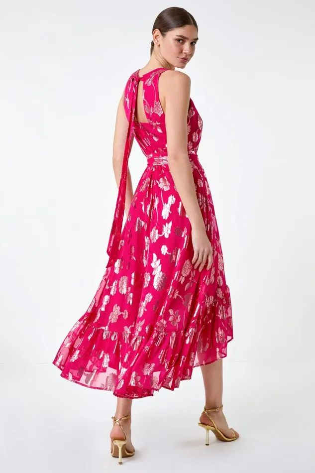 Fuchsia Metallic Floral Halter Neck Midi Dress Women Roman Dresses
