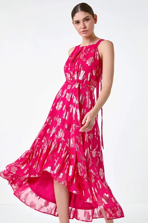 Fuchsia Metallic Floral Halter Neck Midi Dress Women Roman Dresses