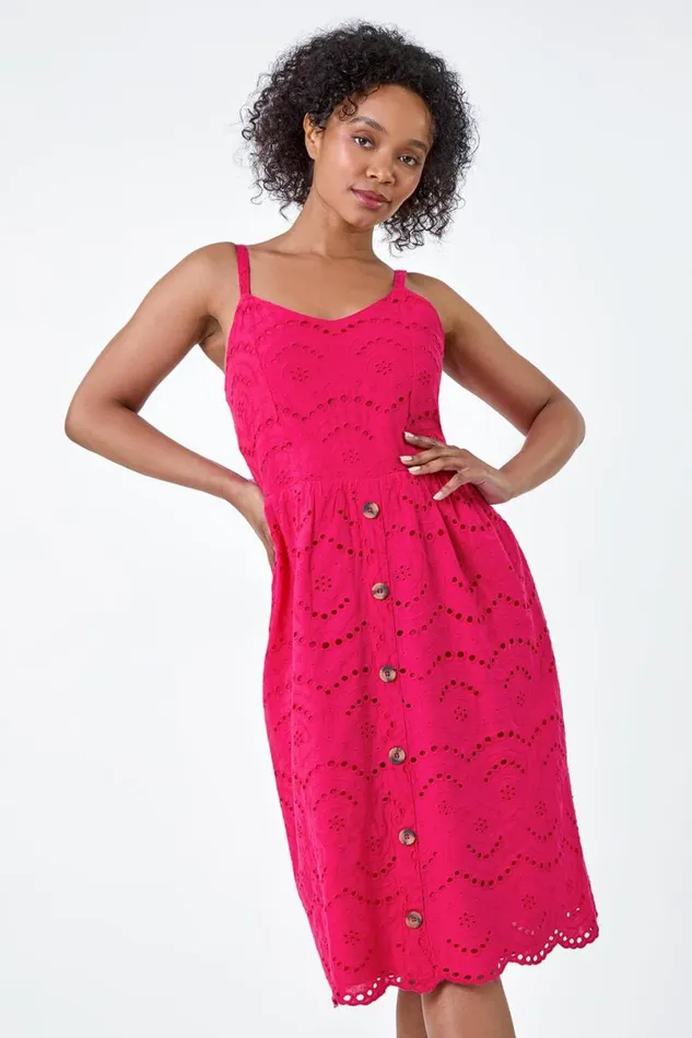 Fuchsia Petite Cotton Broderie Button Dress Women Roman Dresses