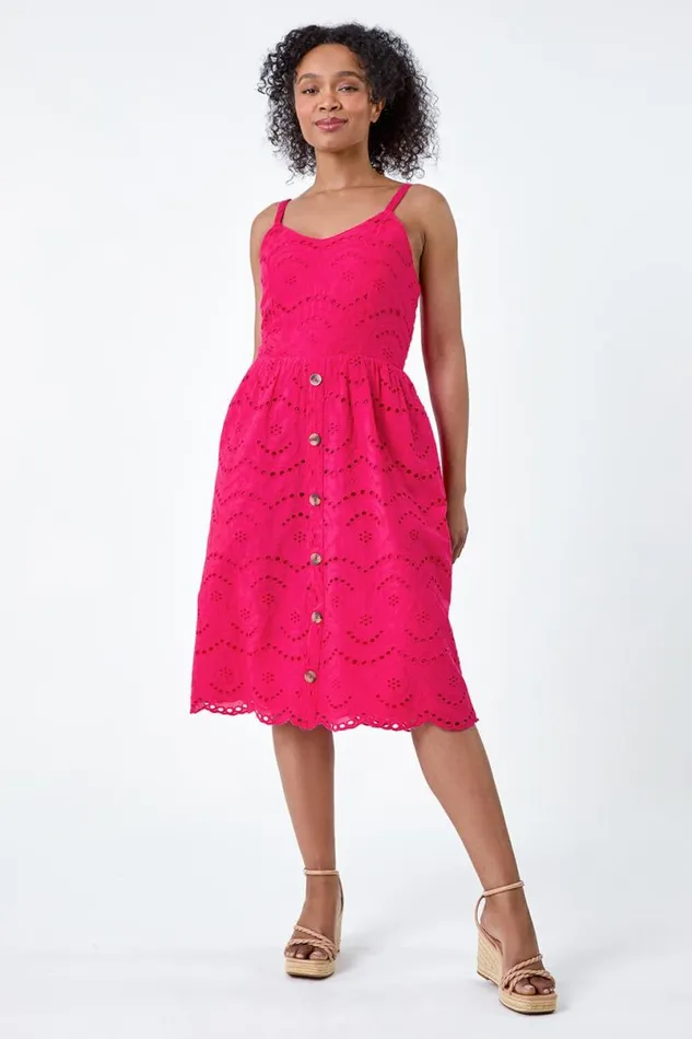 Fuchsia Petite Cotton Broderie Button Dress Women Roman Dresses