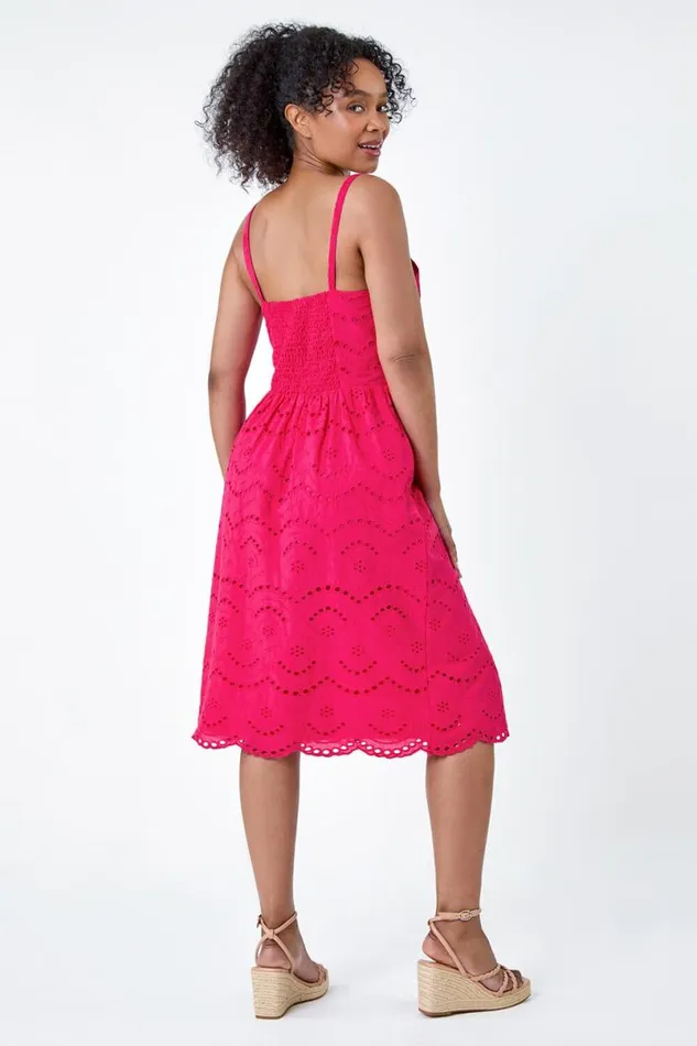 Fuchsia Petite Cotton Broderie Button Dress Women Roman Dresses