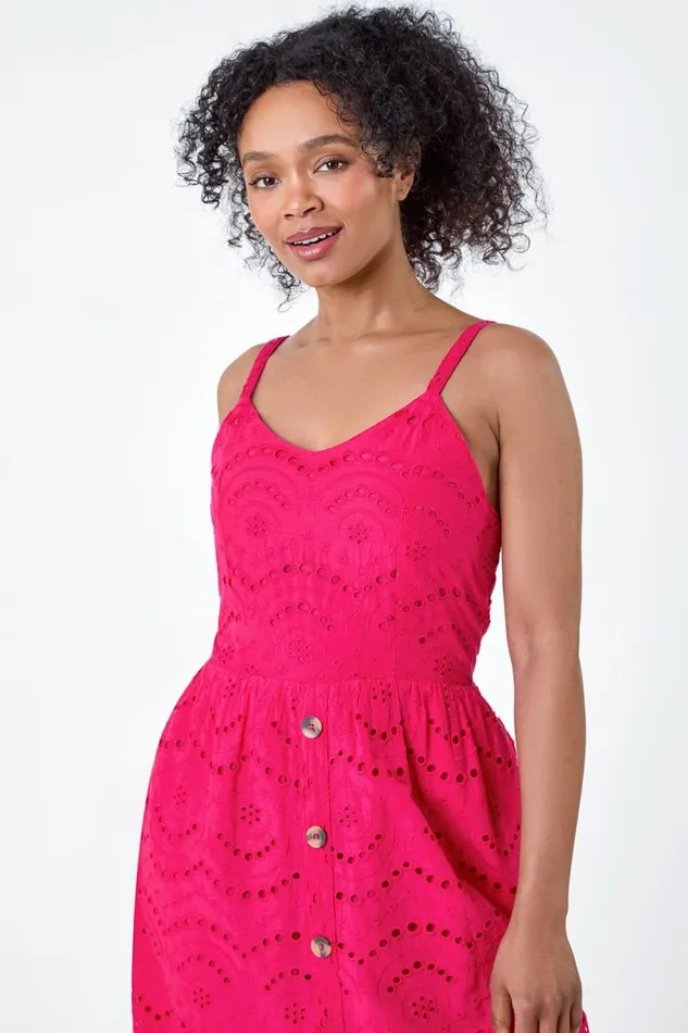 Fuchsia Petite Cotton Broderie Button Dress Women Roman Dresses